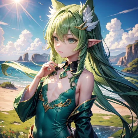 wind spirit, green, male ,long hair, femboy,((flat chest)),fairy,fairy wings