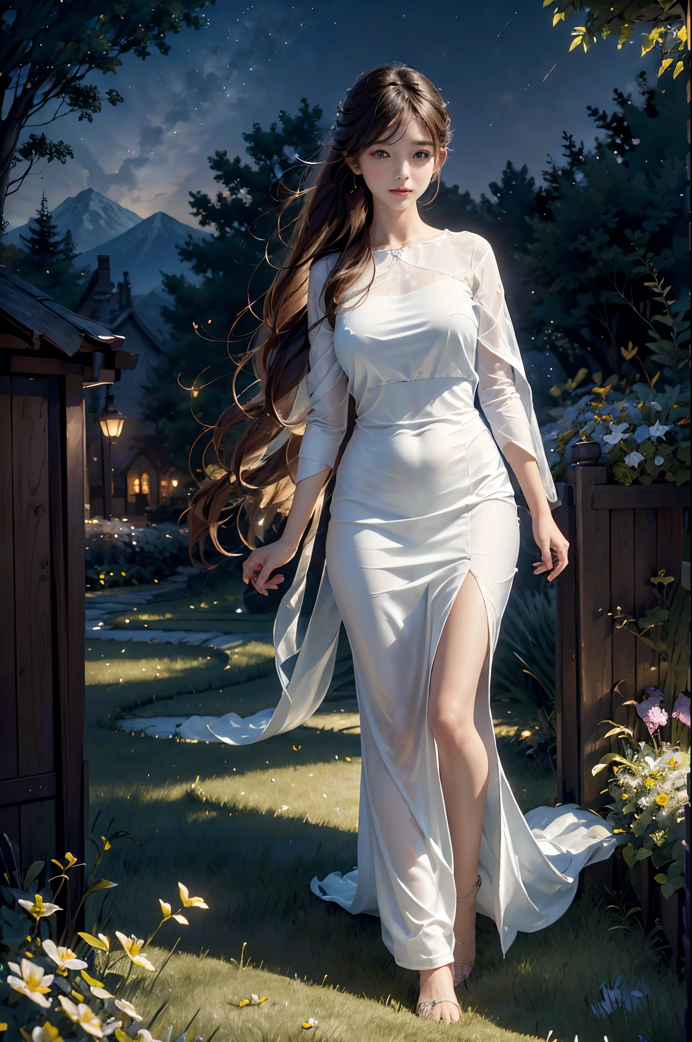 (best quality,4k,8k,highres,masterpiece:1.2),ultra-detailed,(realistic,photorealistic,photo-realistic:1.37),a girl in a garden,night sky,star-filled sky,crescent moon,city streets,illustration,soft brushstrokes,dreamlike atmosphere,vibrant colors,gentle moonlight,quiet ambiance,lively cityscape,enchanted garden,lush greenery,splendid floral arrangements,sparkling stars,distant city lights,romantic atmosphere,serene expression,sundress,flowing hair,dancing fireflies,magical aura,peaceful energy,whispering breeze,whimsical scenery,tranquil setting,starlight reflecting on leaves,faint sounds of music and laughter,happiness and tranquility coexisting,nighttime serenade,fascinating architecture,cozy cafes,metropolis alive at night,secluded pathways,mystical beauty,picturesque charm,unforgettable memory,exquisite detail description,soft and warm lighting,delicate shadows, A girl with beautiful detailed eyes and lips standing under the radiant night sky in a captivating garden. The star-filled sky envelops the peaceful scene, with a crescent moon casting a soft glow over the lush greenery and splendid floral arrangements. The girl's expression exudes serenity and joy as she gazes up at the twinkling stars. She wears a flowing dress that dances in the gentle moonlight, and her hair cascades down her back, catching the faint light of fireflies flickering around her. The garden is imbued with a magical aura, with the rustling of leaves and the hushed whispers of a breeze creating a tranquil setting. The enchanting scenery is complemented by the distant lights of a vibrant city, visible beyond the garden's borders. The city streets are alive with bustling activity, and the fascinating architecture of the metropolis adds to the picturesque charm. Cozy cafes line the streets, where the soft sounds of music and laughter mingle with the nighttime serenade.