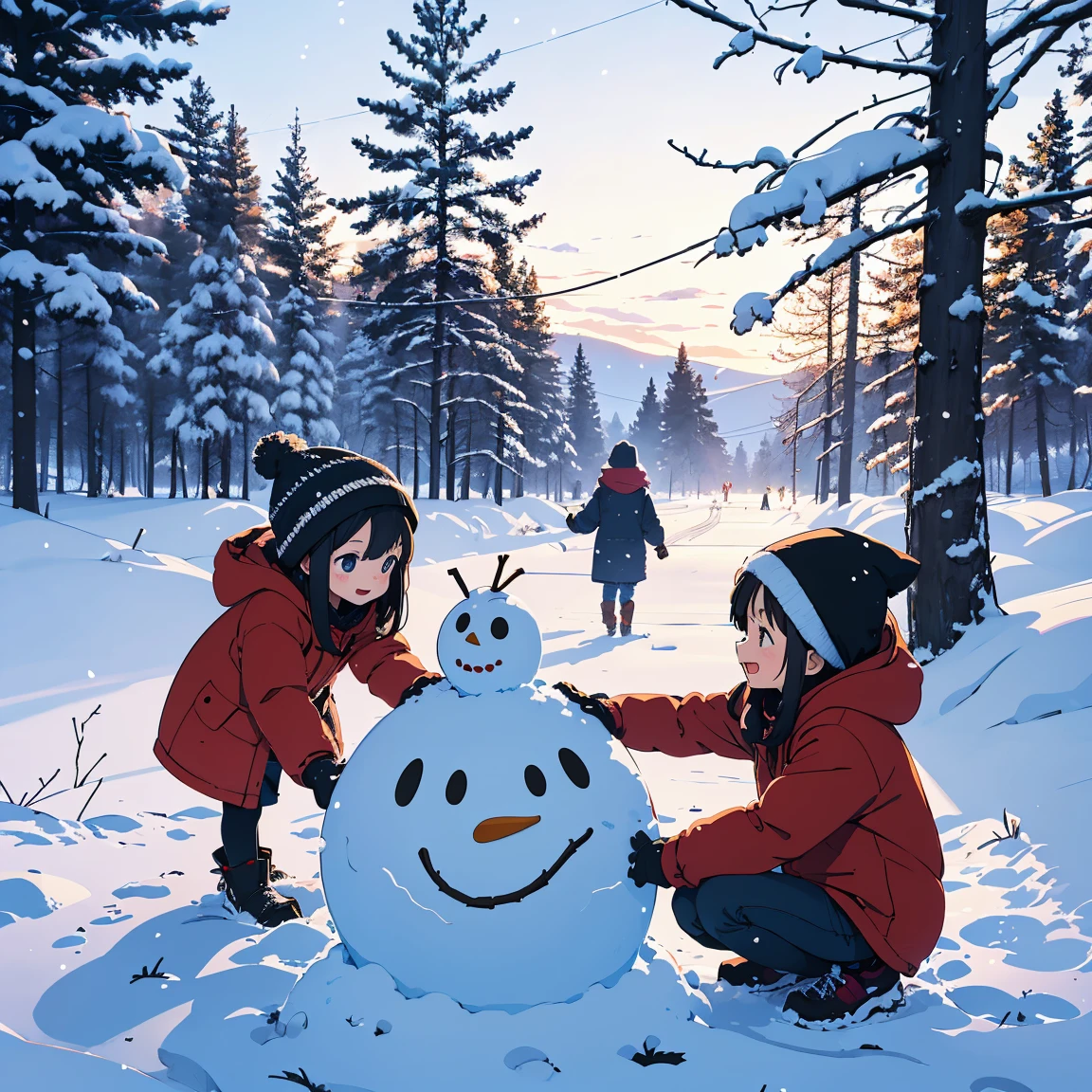 Varios niños pequeños vestidos de invierno están felizmente construyendo un muñeco de nieve en el campo nevado