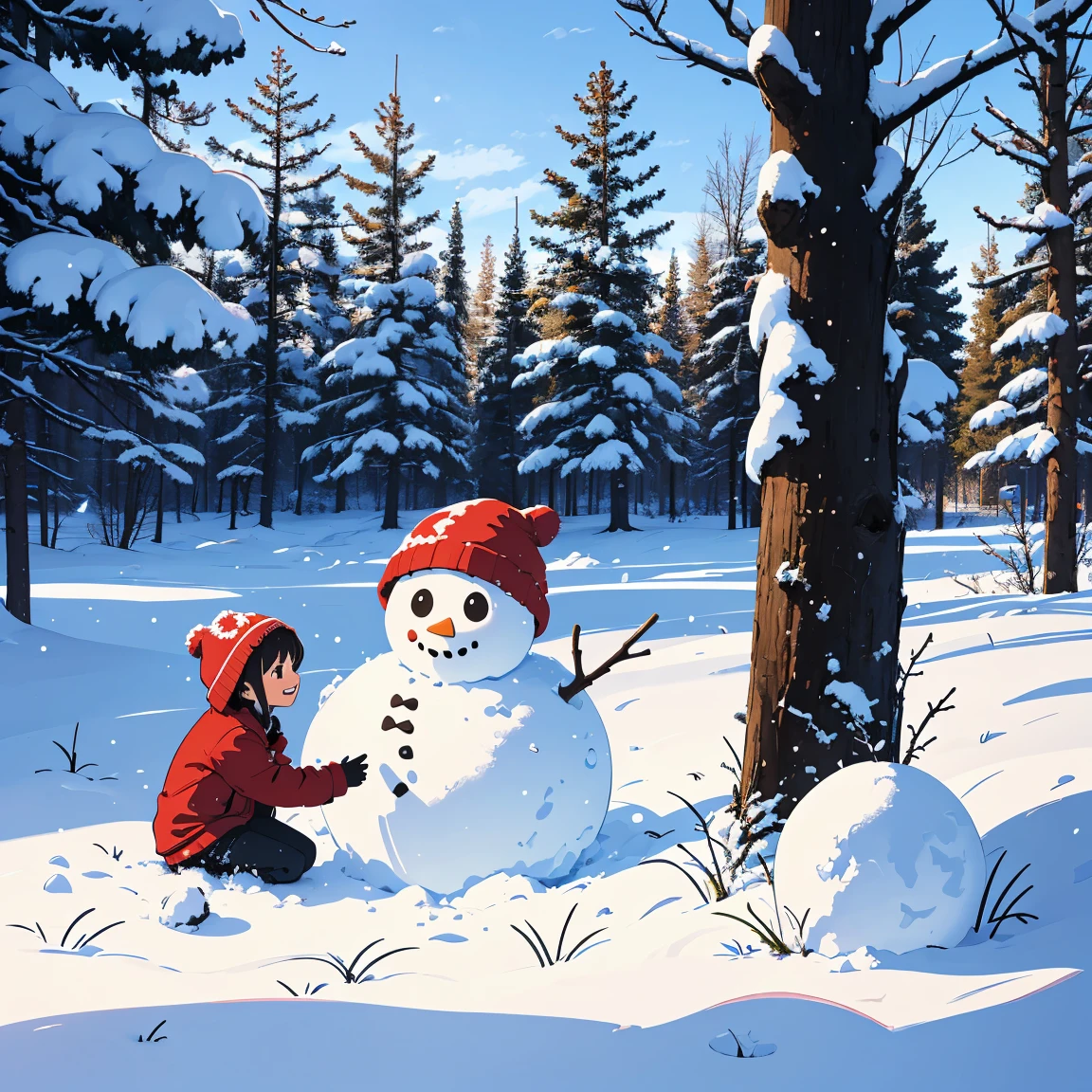 Varios niños pequeños vestidos de invierno están felizmente construyendo un muñeco de nieve en el campo nevado