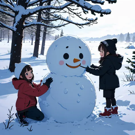 Several little children in winter clothes are happily building a snowman in the snowy field