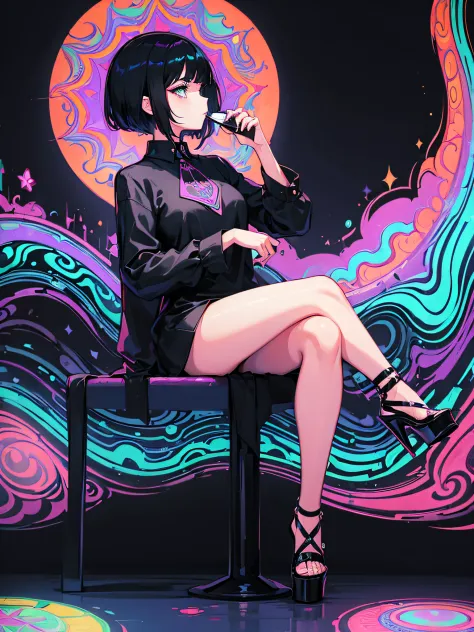 (((Psychedelic Noir))), Girl with old school hair, basic black dress, platform heels, sitting in profile with legs crossed, drin...