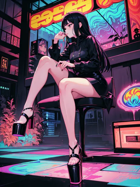 (((Psychedelic Noir))), Girl with old school hair, basic black dress, platform heels, sitting in profile with legs crossed, drin...