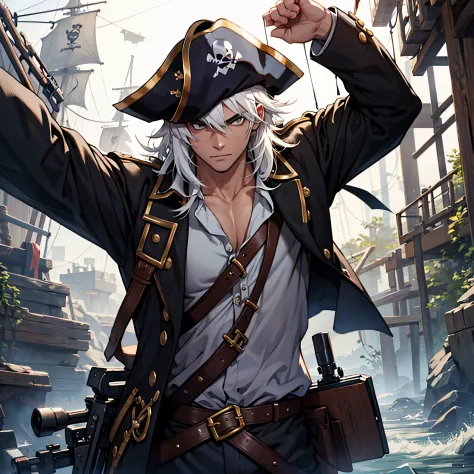 Pirate boy shooting with rifle, white hair