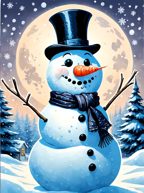 CuteCartoonAF, Cute Cartoon, sticker,as the snowflakes gently blanketed the ground a peculiar sight emerged in the moonlit garden a snowman adorned in Victorian-era attire, dressed in a dapper top hat, a velvet coat with tails, and a perfectly knotted silk...