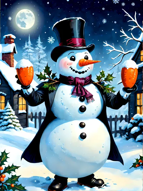 CuteCartoonAF, Cute Cartoon, sticker, as the snowflakes gently blanketed the ground a peculiar sight emerged in the moonlit garden a snowman adorned in (Victorian-era attire), dressed in a dapper top hat, a velvet coat with tails, and a perfectly knotted s...