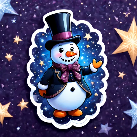 CuteCartoonAF, Cute Cartoon, (big) sticker, a snowman adorned in Victorian-era attire, dressed in a dapper top hat, a velvet coat with tails, and a perfectly knotted silk cravat, stickers, cosmic starry background