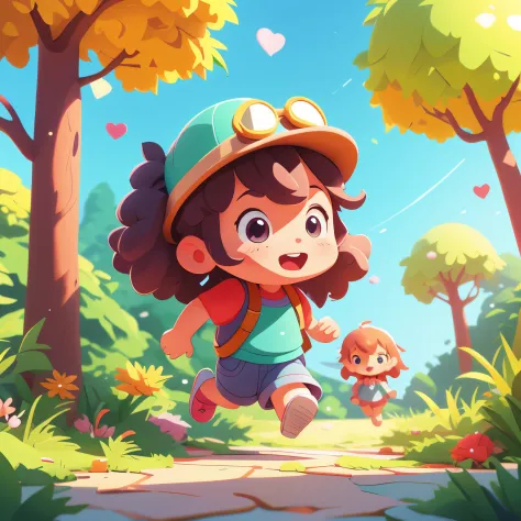 Cartoon girl running along the street，trees in the background, Cute 3d rendering, lovely digital painting, Cute and detailed dig...