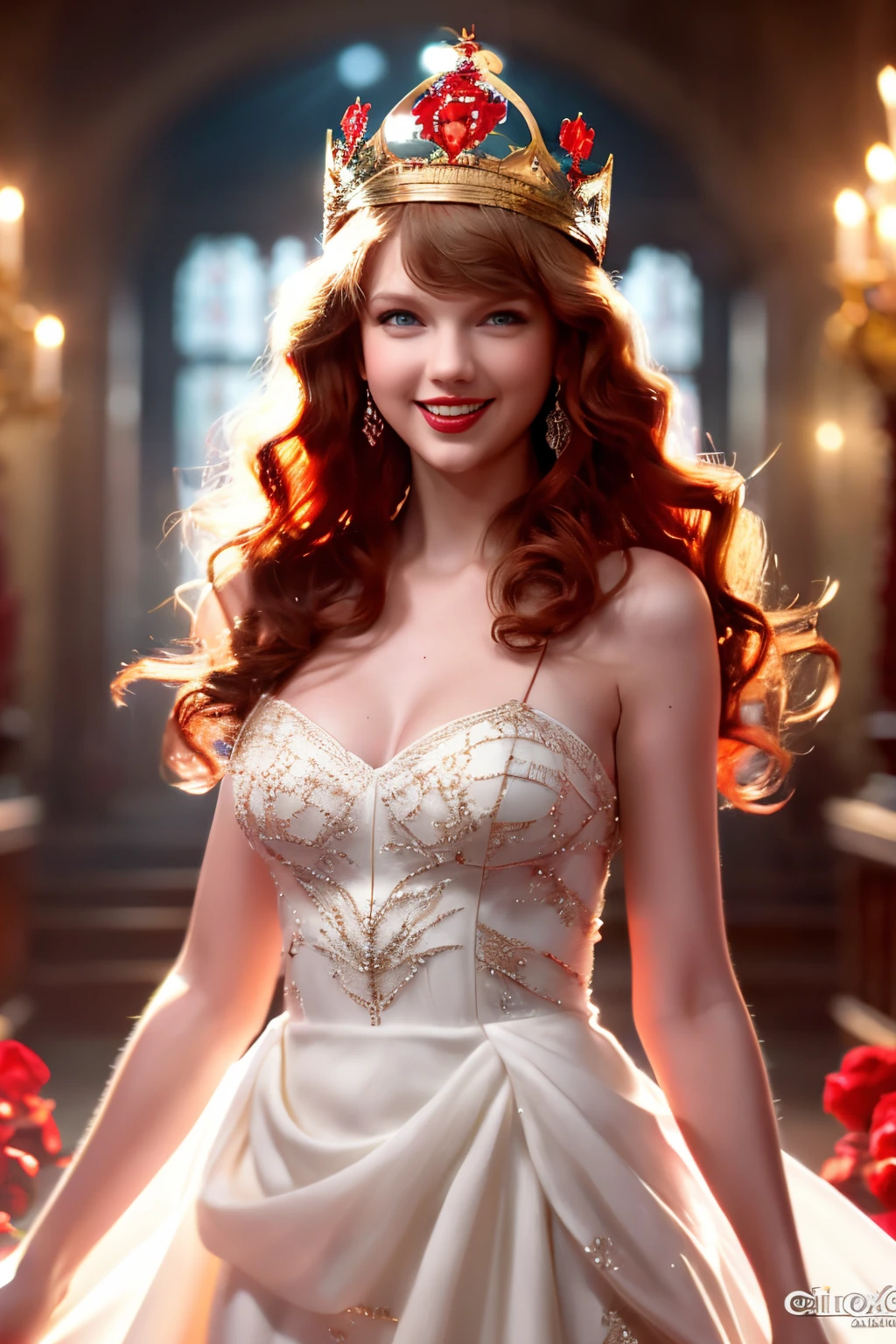 Best Shots，high-definition picture,,beautiful red haired woman (Wearing a crown), (Houdini, VFX, with a beautifull smile,Beautiful, 4K ),   white gown and red satin dress，