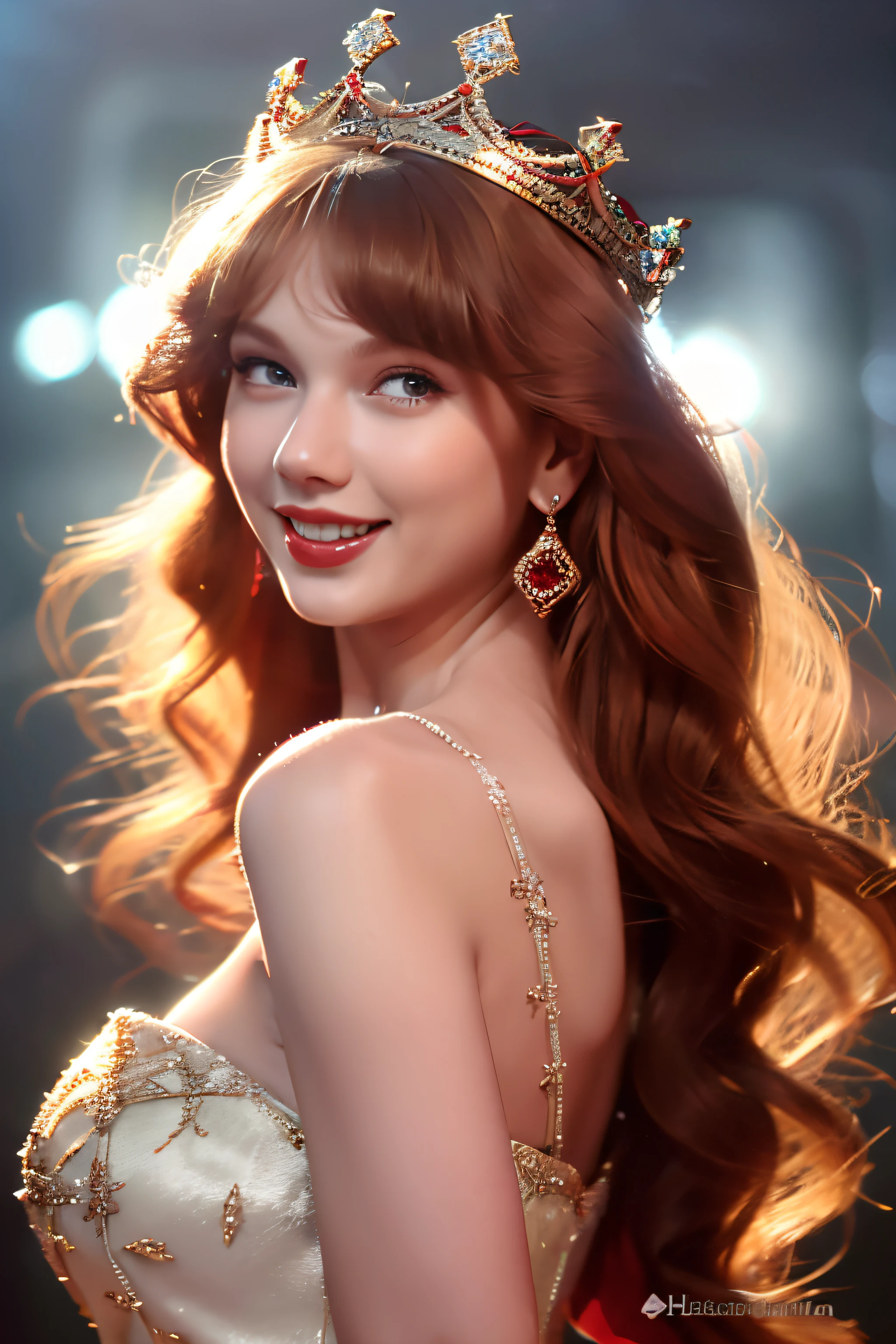 베스트 샷，고화질 사진,,아름다운 빨간 머리 여자 (왕관을 쓰고 있다), (후디니, VFX, 아름다운 미소로,아름다운, 4K ),   흰색 가운과 빨간색 새틴 드레스，