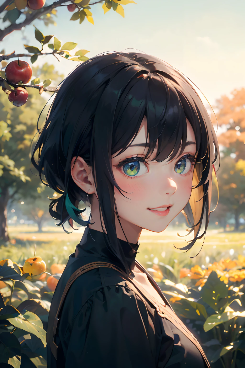 a 20 yo woman、Black blue Hair、poneyTail、Big smile、(hi-top fade:1.3)、dark themed、Muted Tones、Subdued Color、highly contrast、Green meadow background、Have autumn fruits、apple、(natural skin textures、Hyper-Realism、Soft light、sharp)