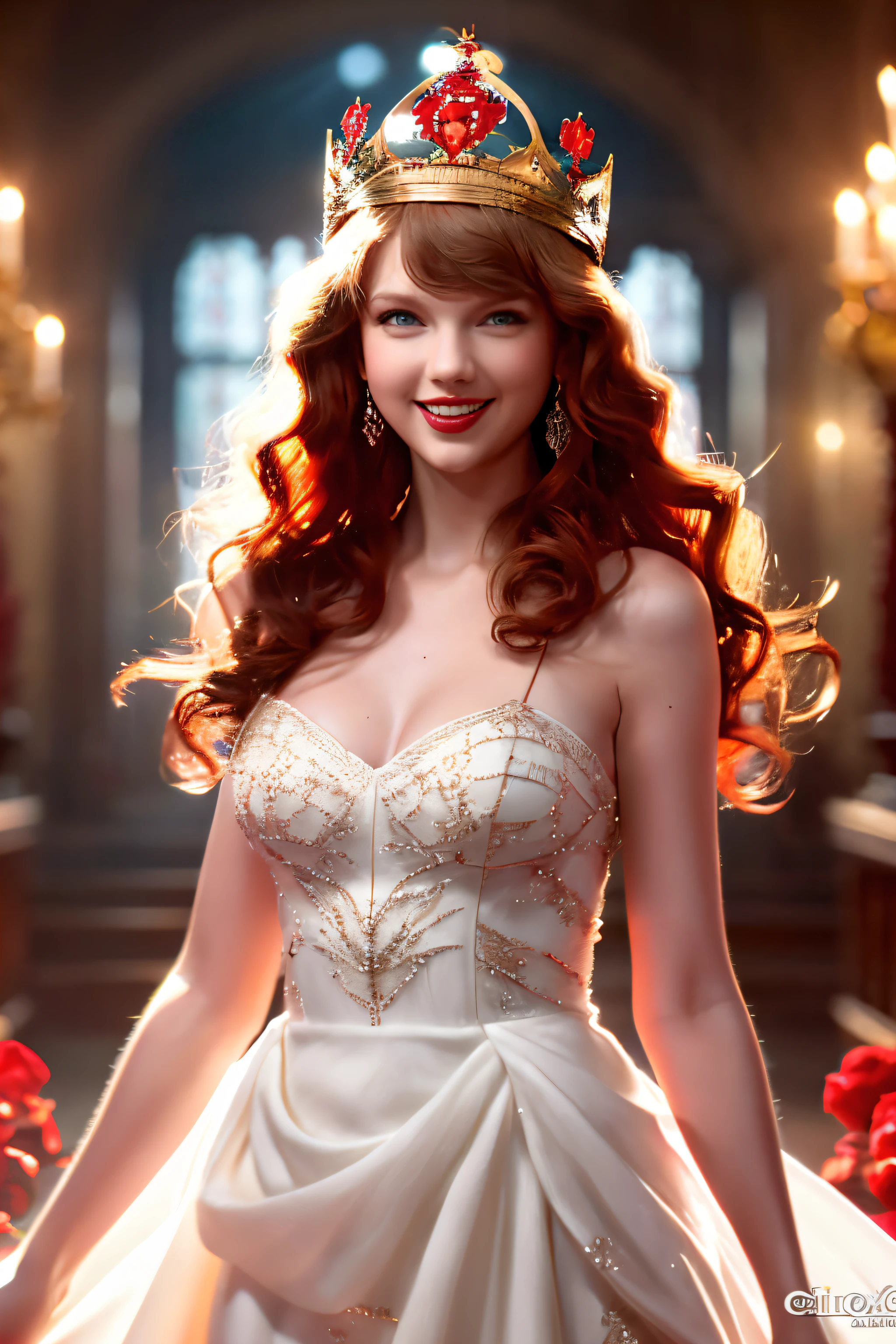베스트 샷，고화질 사진,,아름다운 빨간 머리 여자 (왕관을 쓰고 있다), (후디니, VFX, 아름다운 미소로,아름다운, 4K ),   흰색 가운과 빨간색 새틴 드레스，