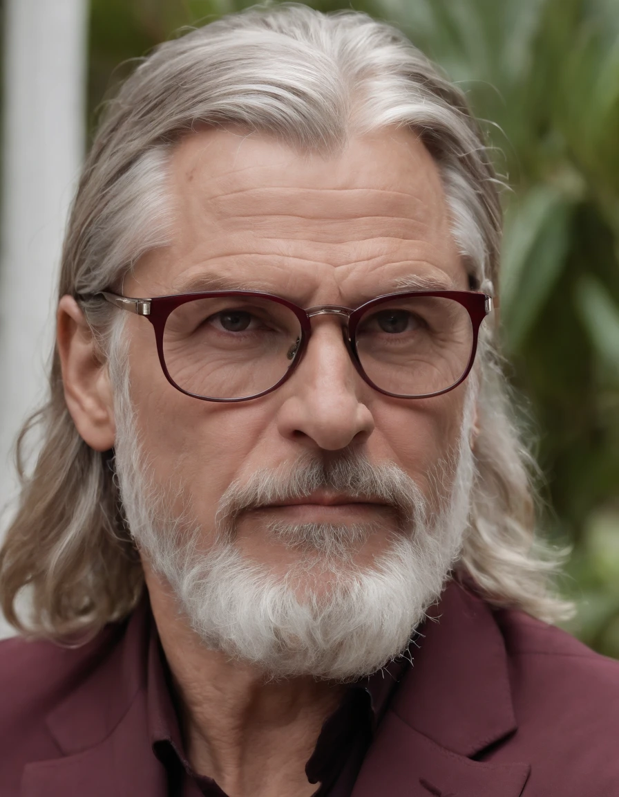 Greek God Thor in a maroon suit, with a grey beard, looking 68 years old, dark square maroon glasses on a tropical island