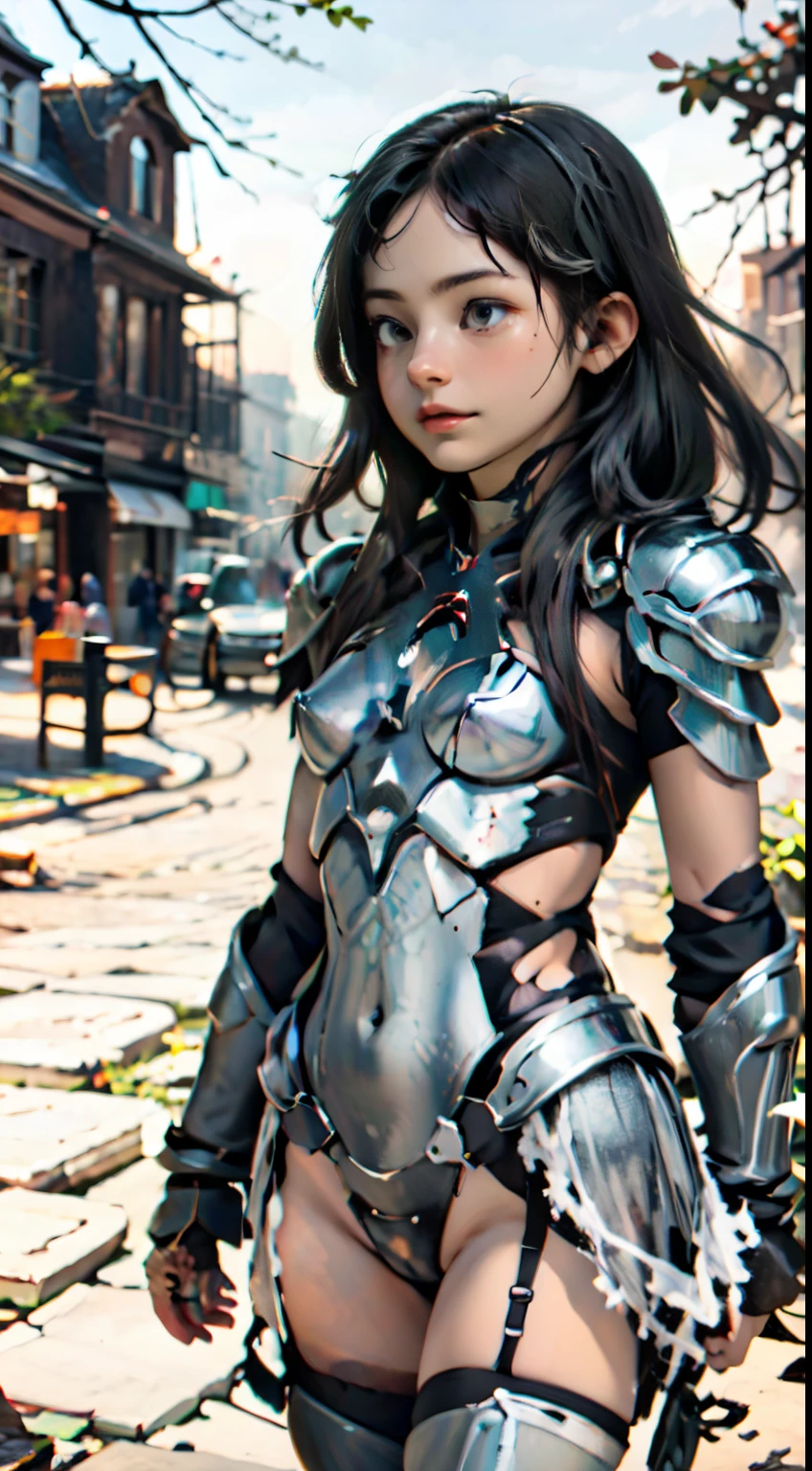 1 girl, Alone, Whole body, Elven girl with bikini armor, metal shoulder pads, short red worn and torn cape, big breasts, medieval armor, metal boots, rusty metal armor, rusty metal crown, ancient greek ruins background, historical ruins, armor on arms and legs, rusty and beaten metal,