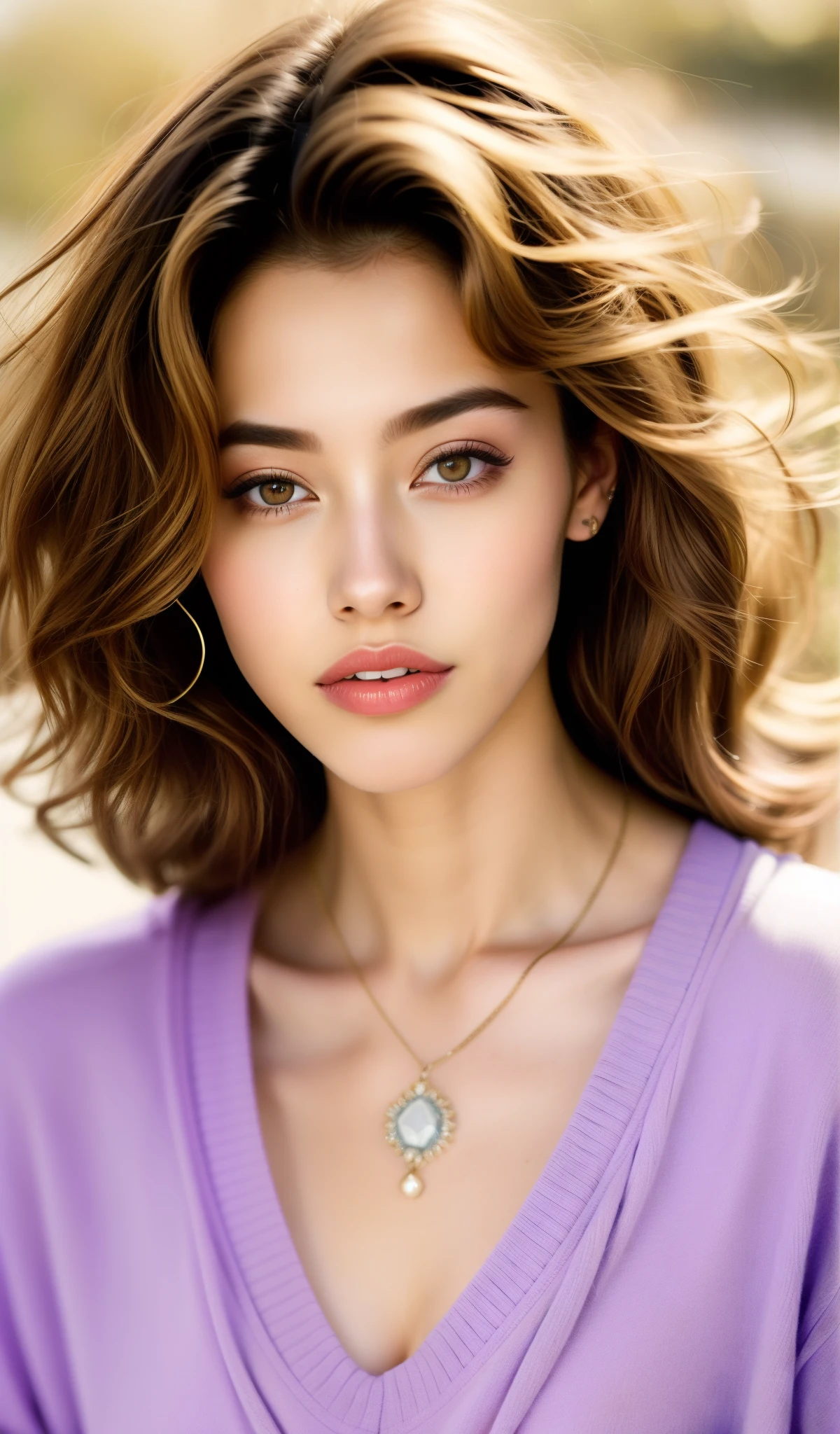 Fashion-Model, 21 Jahre alt [[[a closeup]], [[[kleine Brust]]], [[[kol]], [Schulter]], perfekte Augen, perfekte Iris, Perfekte Lippen, perfekte Zähne, makellose Haut, Sanftes Frontlicht, Glühen, nffsw, (Sanfte Farben:1.2)、eine Halskette、Lockige haare、Strähnt das Haar、V-Ausschnitt-Sweater