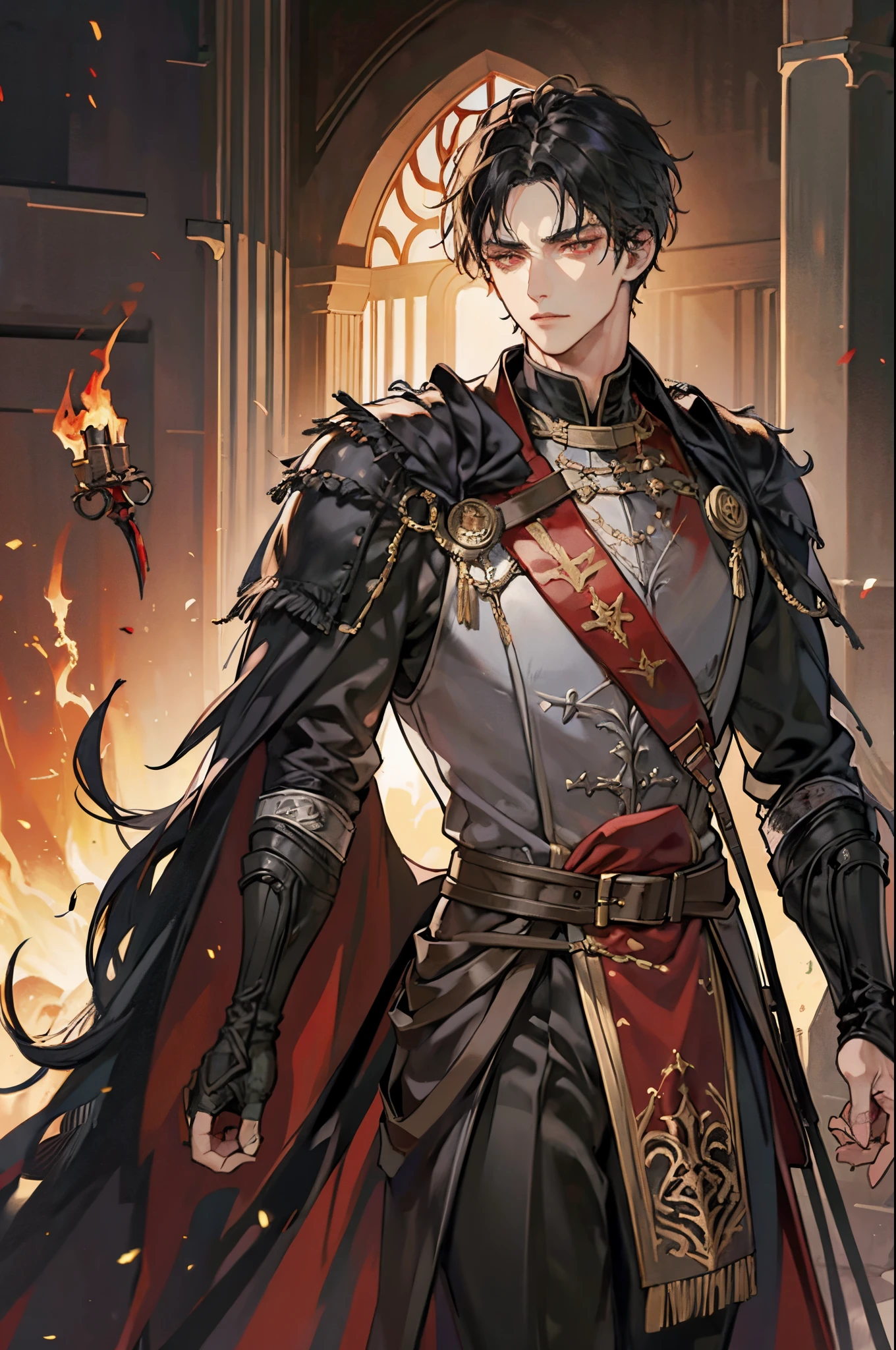 1 male, short messy black hair with fringe, handsome, blood red eyes, detailed eyes, tall and lean body, condescending, arrogant, royalty, tyrannical ruler, wearing black and gold, medieval fantasy, dark souls