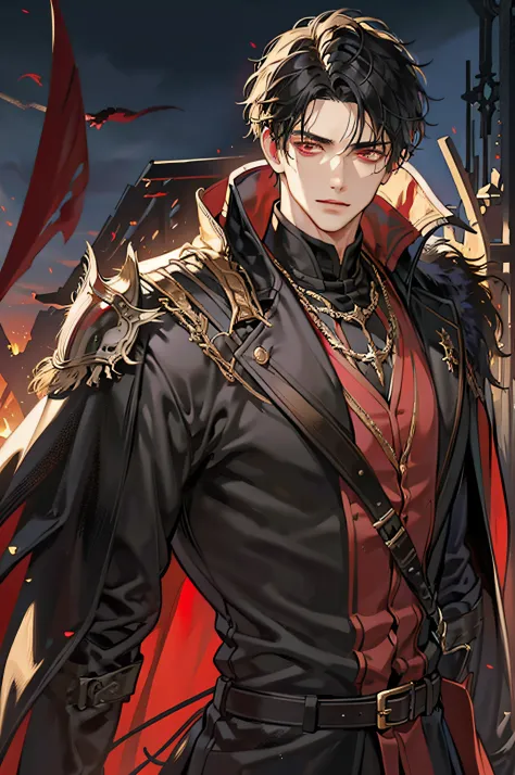 1 male, short messy black hair with fringe, handsome, blood red eyes, detailed eyes, tall and lean body, condescending, arrogant...