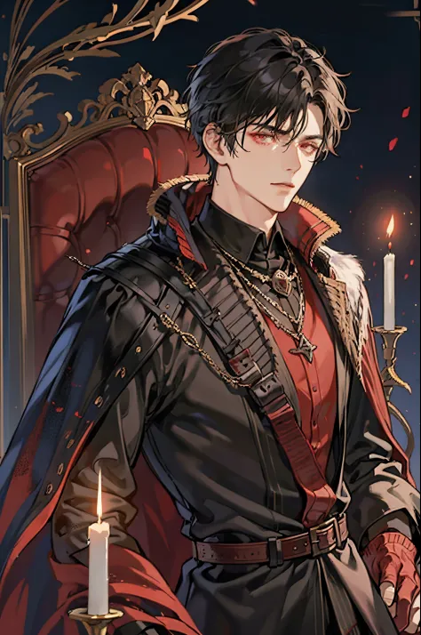 1 male, adult, adult face, short messy black hair with side bangs, handsome, blood red eyes, detailed eyes, condescending, arrog...