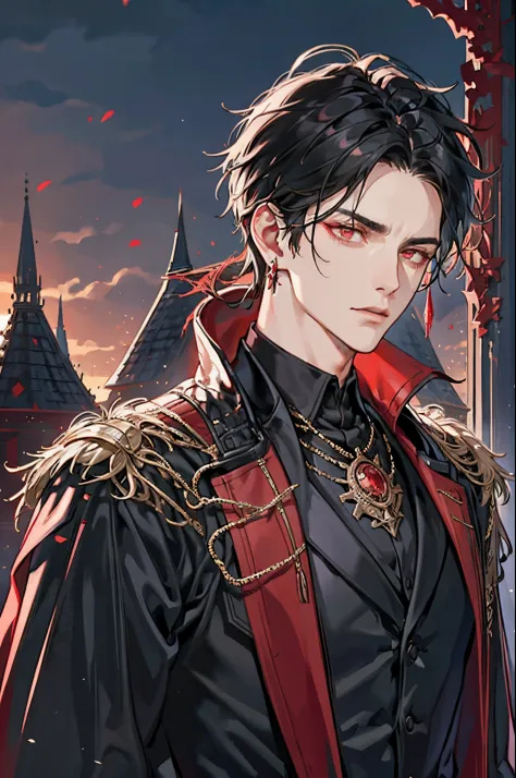 1 male, adult, adult face, short messy black hair , handsome, beautiful, blood red eyes, detailed eyes, condescending, arrogant,...