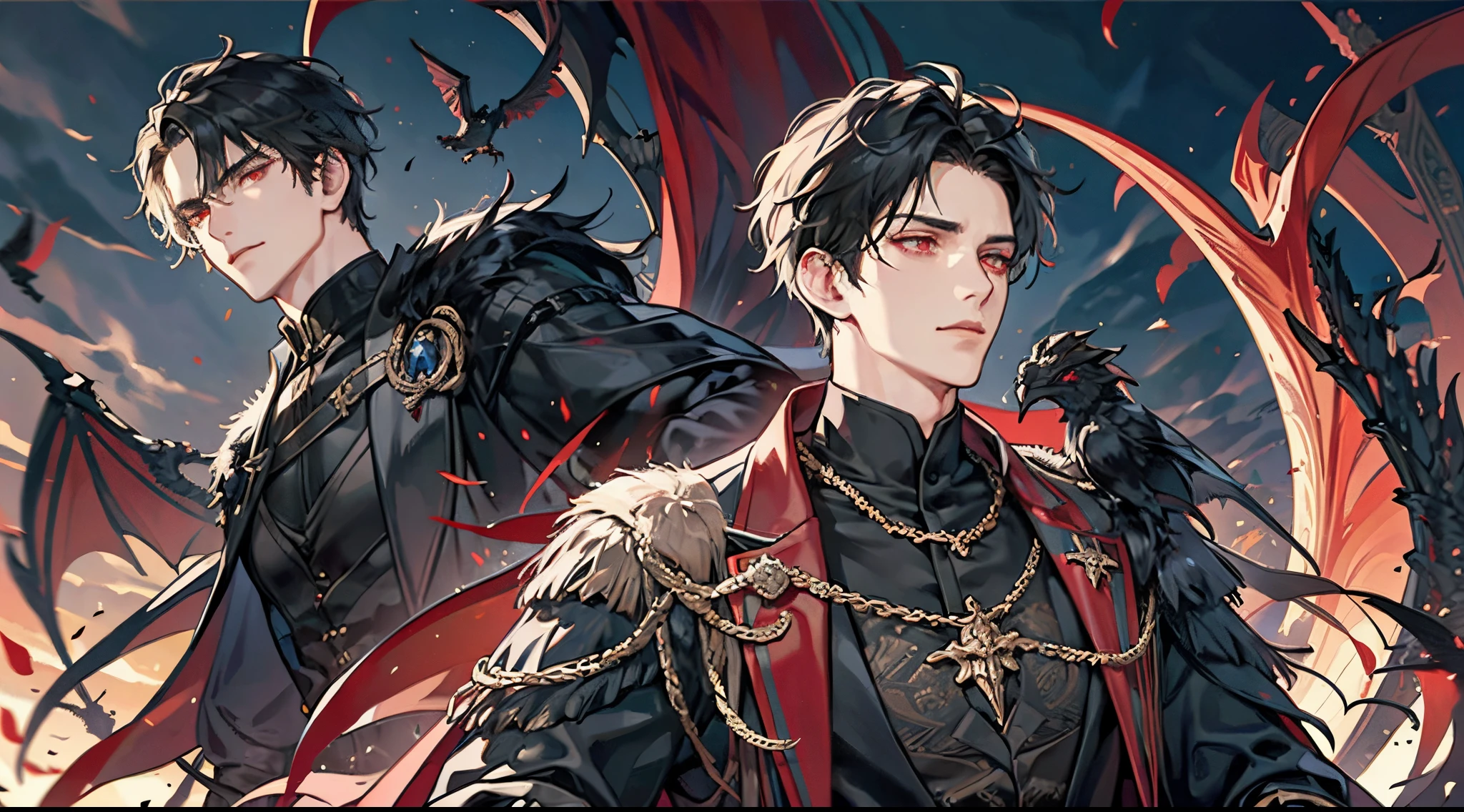 one male with one feathered dragon, adult, adult face, short messy black hair , handsome, beautiful, dark red eyes, detailed and clear eyes, condescending, arrogant, royalty, tyrannical ruler, close up, condescending, arrogant, medieval castle background