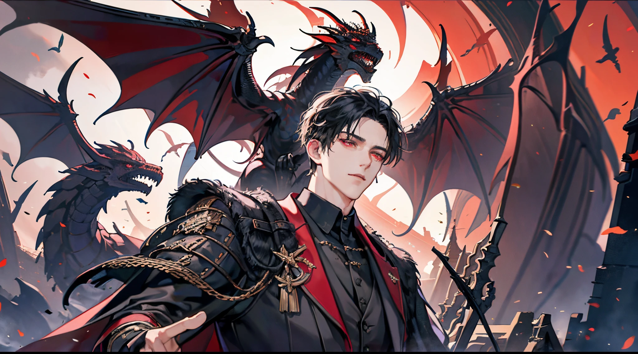 one male with one feathered dragon, adult, adult face, short messy black hair , handsome, beautiful, dark red eyes, detailed and clear eyes, condescending, arrogant, royalty, tyrannical ruler, close up, condescending, arrogant, medieval castle background