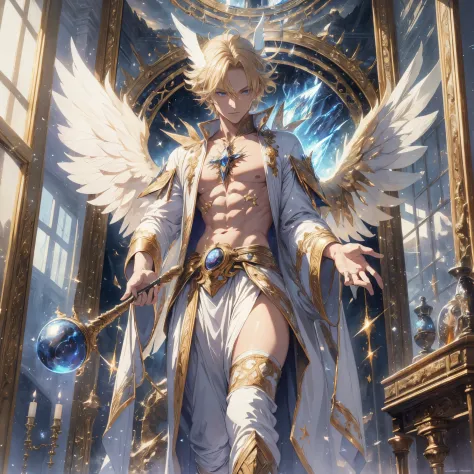 ((ultra detailed), masterpiece, best quality, (absurdres, highres)), a winged man with a mirror in hand, solo, pocket mirror, bl...