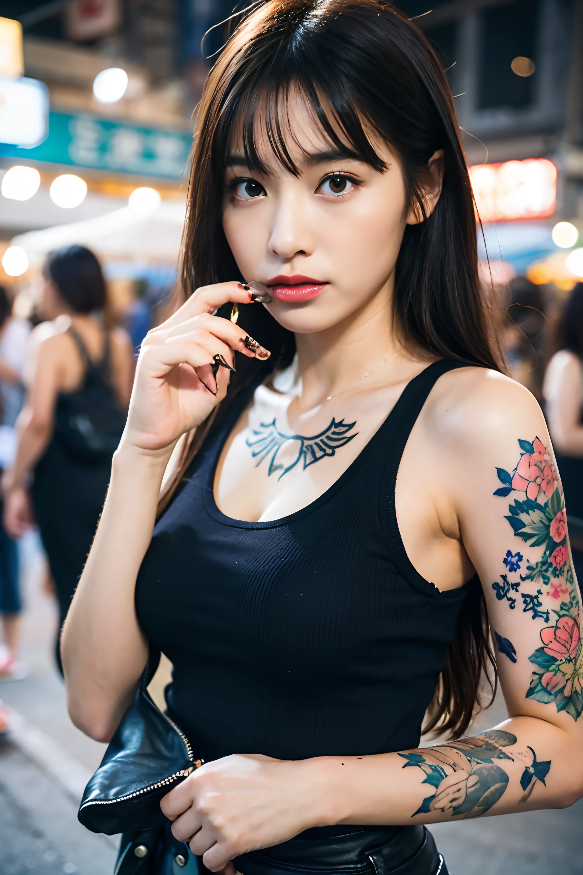 Arafed asian woman with a tattoo on her arm and shoulder - SeaArt AI