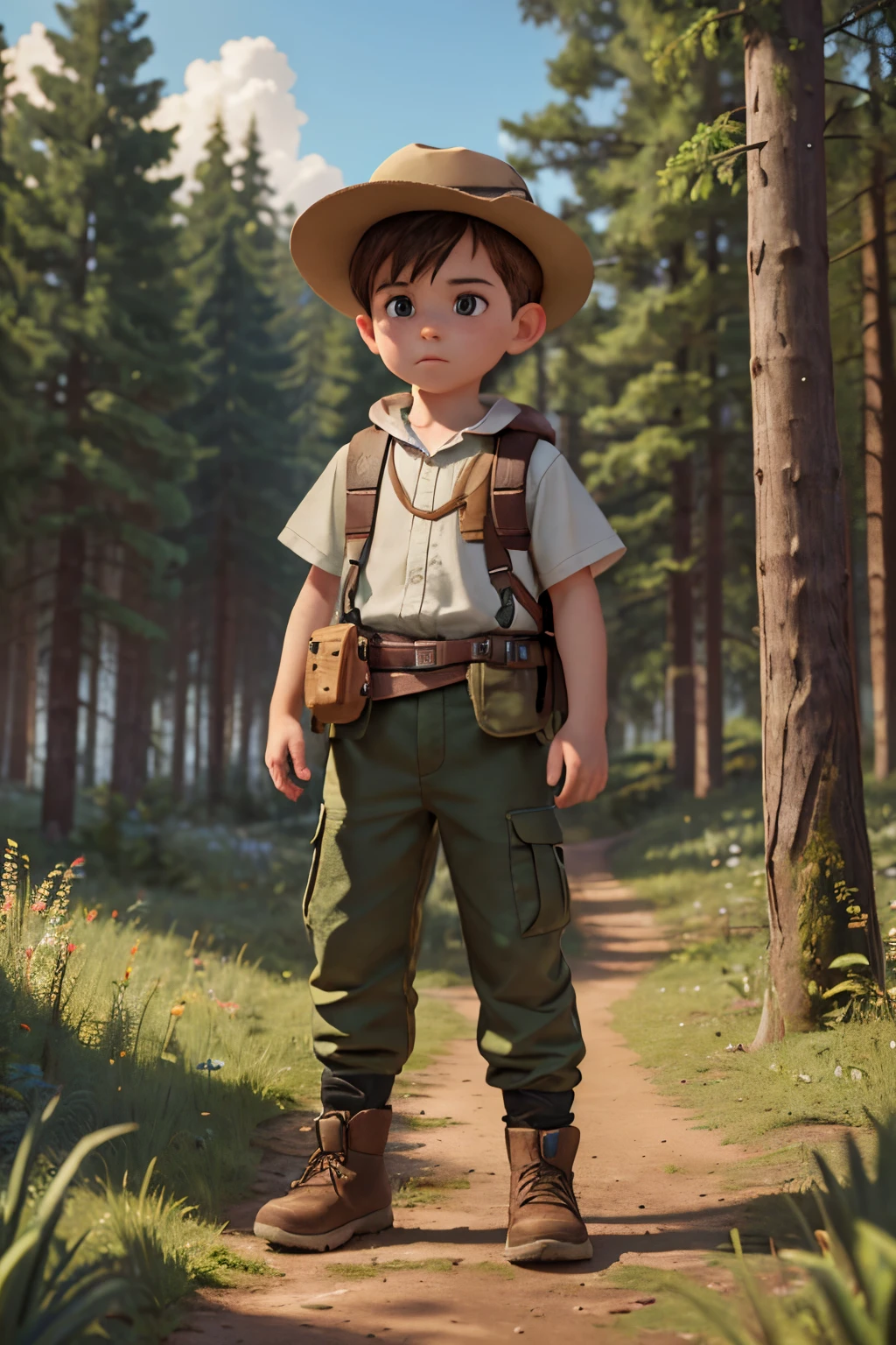 (High quality, 4K, HDR) 1  boy, adventurer, hat, trail clothes, brave adventurer, beautiful colors in the sky, birds in the background, animal, harmonious forest on a large scale, pants. (masterpiece, ultra realistic professional lighting, ultra thin 8K, fine texture of detailed background, sharp face with perfect strokes.