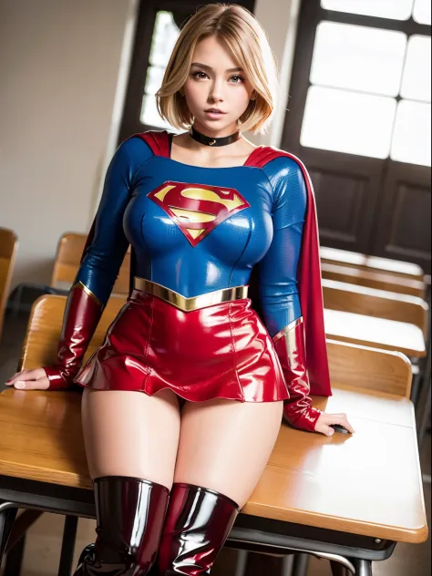 ​masterpiece,Short-haired supergirl showing off her thighs on her school desk、large full breasts、Looking at the camera、Glossy en...