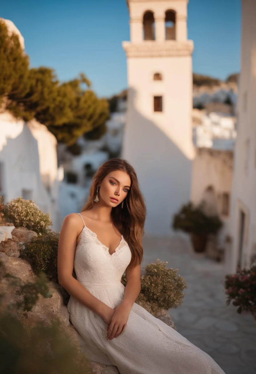 A woman sitting on a wall in front of a white building - SeaArt AI