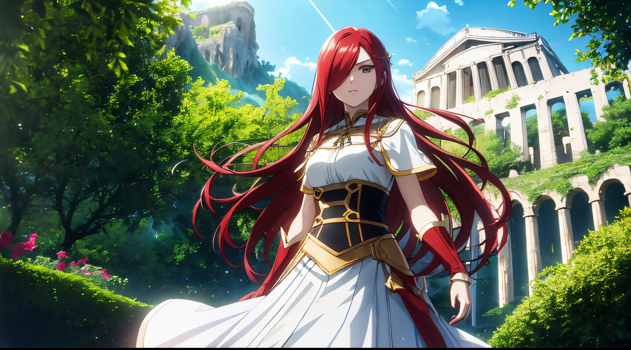 erza, 1girl, solo, long_hair, medium breasts,brown_eyes,red_hair,hair over one eye, standing, looking at viewer, white saint cloth, beads on neck, long skirt,lush greenery greek Acropolis in background,anime style,Lumen Reflections,Screen Space Reflections,Diffraction Grading,Chromatic Aberration,GB Displacement,Scan Lines,Ray Traced,Anti-Aliasing,FXAA,TXAA,RTX,SSAO,Shaders,OpenGL-Shaders,GLSL-Shaders,Post Processing,Post-Production,cell Shading,Tone Mapping,CGI,VFX,SFX,insanely detailed and intricate, 4K