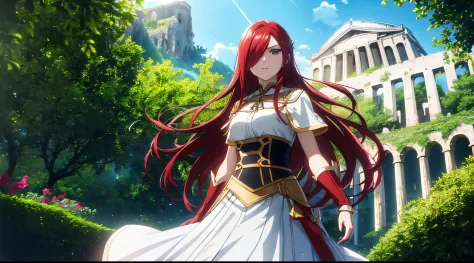 erza, 1girl, solo, long_hair, medium breasts,brown_eyes,red_hair,hair over one eye, standing, looking at viewer, white saint clo...