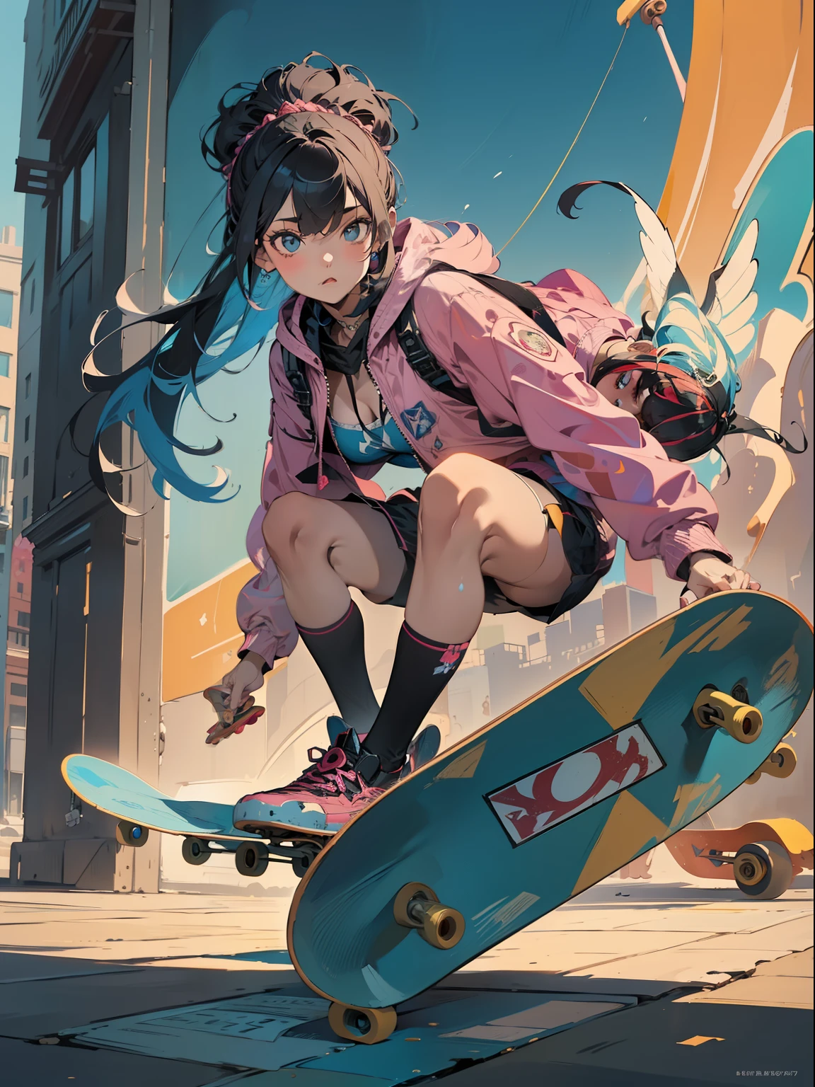 tmasterpiece, Best quality at best, (Very detailed CG unified 8k wallpaper) (Best quality at best), (Best Best Illustration), The best shadow, (A girl who skateboards: 1.3), 13 year old, Cute big breasts, Chevoglis Court, hooding, Sweet cool, Shiny details for the eyes, (Colorful flight suits), Fashion shorts, (Color skateboard: 1.1), Pink, Yellow, blue, the street, Rochas, (Best quality at best, Stunningly detailed: 1.25), (Alone), Brilliant and colorful paintings