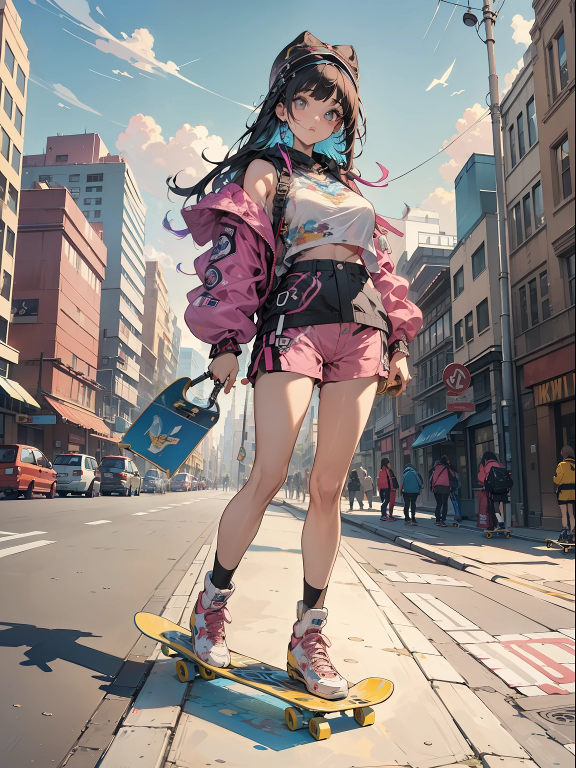 tmasterpiece, Best quality at best, (Very detailed CG unified 8k wallpaper) (Best quality at best), (Best Best Illustration), The best shadow, (A girl who skateboards: 1.3), 13 year old, Cute big breasts, Chevoglis Court, hooding, Sweet cool, Shiny details for the eyes, (Colorful flight suits), Fashion shorts, (Color skateboard: 1.1), Pink, Yellow, blue, the street, Rochas, (Best quality at best, Stunningly detailed: 1.25), (Alone), Brilliant and colorful paintings