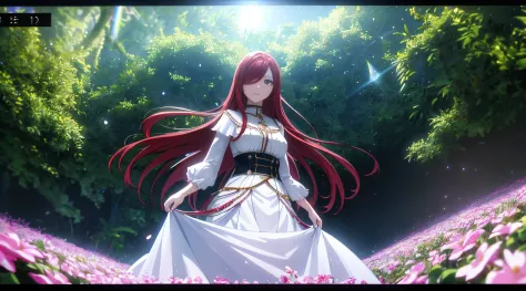 erza, 1girl, solo, long_hair, medium breasts,brown_eyes,red_hair,hair over one eye, standing, looking at viewer, white saint clo...