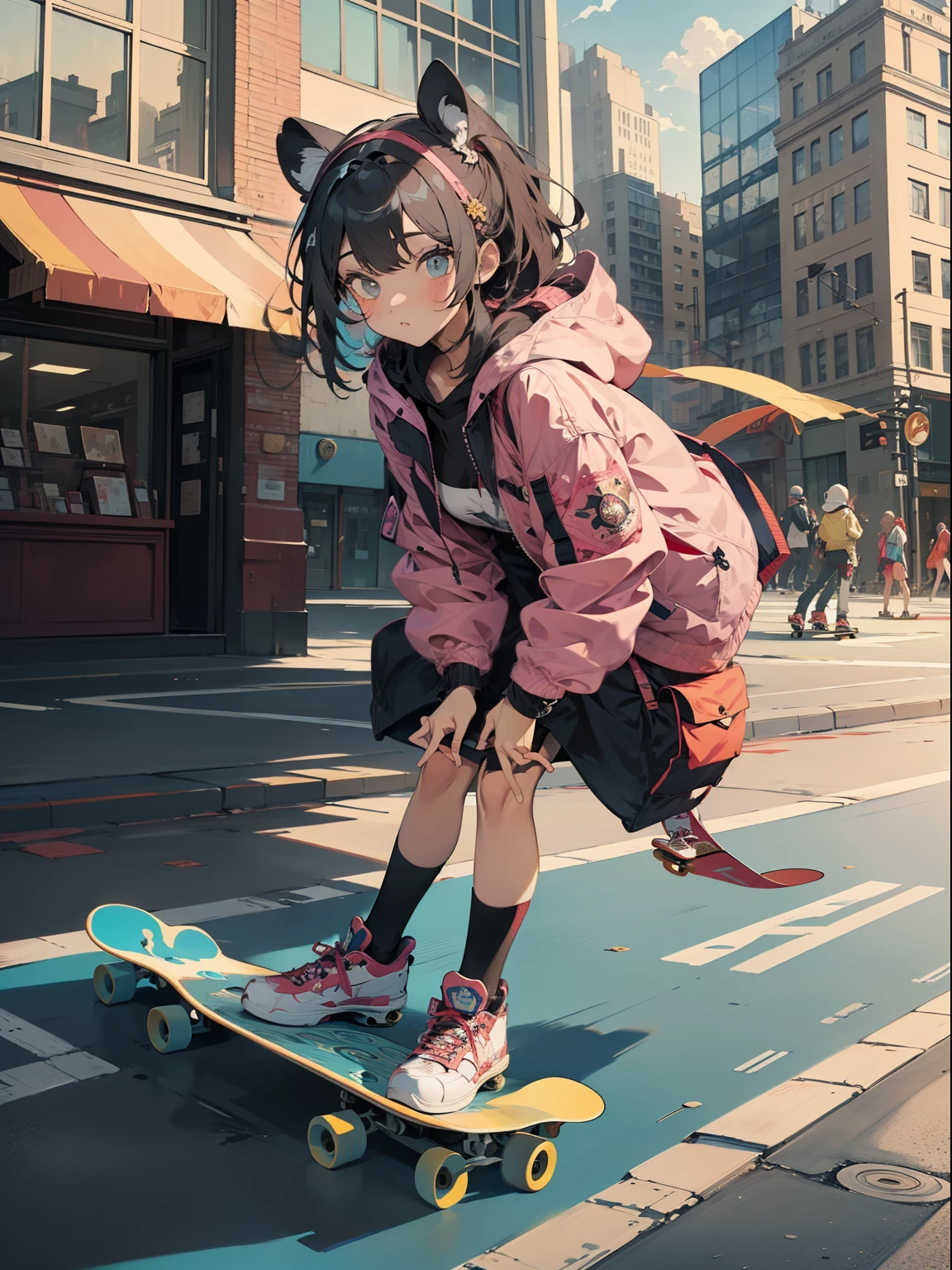 tmasterpiece, Best quality, (Very detailed CG unified 8k wallpaper) (Best quality), (Best Best Illustration), The best shadow, (A girl who skateboards: 1.3), 13 year old, Cute big breasts, Chevoglis Court, Hooded, Sweet cool, Shiny details for the eyes, (Colorful flight suits), Fashion shorts, (Color skateboard: 1.1), Pink, Yellow, blue, the street, Rochas, (Best quality, Stunningly detailed: 1.25), (Alone), Brilliant and colorful paintings