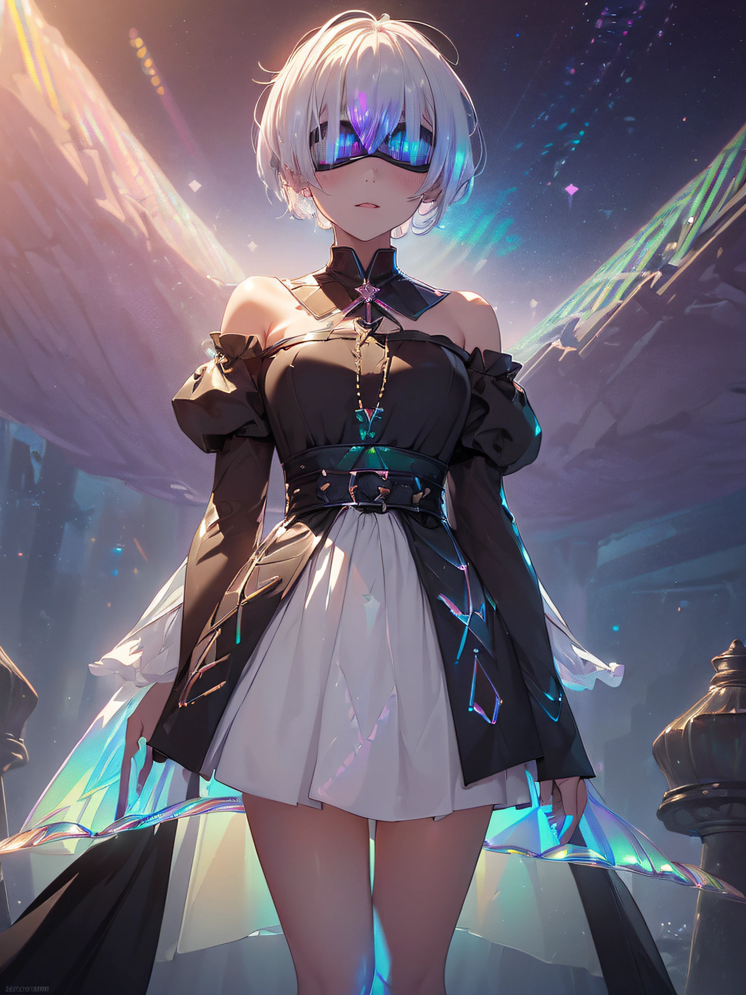 a full Blindfold girl, short bob hair, white hair, long sideburns, thick lips, small star mouth, old school black dress with sleeves, half smile, vase with withered black flowers, {extremely detailed 16k CG unit wallpaper} , expansive landscape photography, (a low view focusing on the character and setting), (wide open field view), (low angle shot), (high light: 1.5), (low light: 1.3), ( warm light source: 1.5), complex details, (iridescent colors: 1.9), (bright lighting), (atmospheric lighting), dreamy, unique,