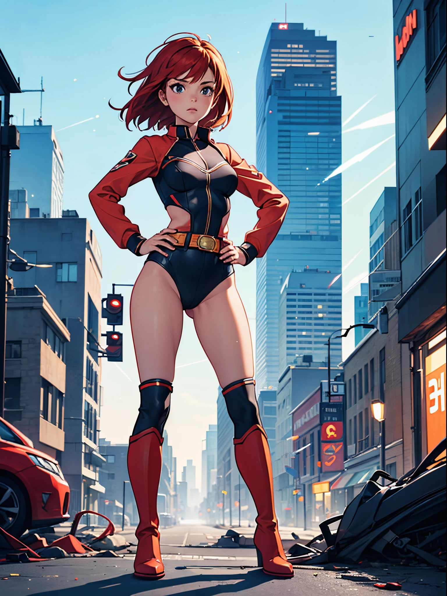 masterpiece, best quality, 1girl, superhero, leotard, bare legs, knee boots, matching boots, heroic, city backdrop, standing, body infused with energy, light particles, solo, single, cowboy shot, perfect anatomy, hand on hip, redhead, belt