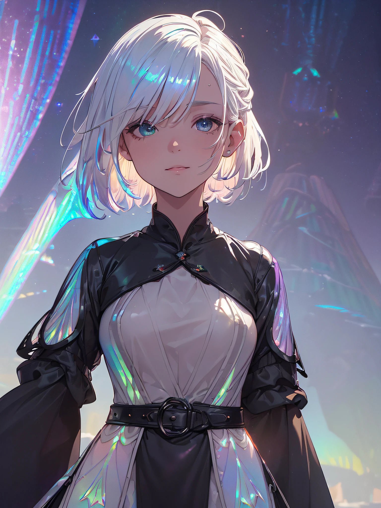 a full Blindfold girl, short bob hair, white hair, long sideburns, thick lips, small star mouth, old school black dress with sleeves, half smile, vase with withered black flowers, {extremely detailed 16k CG unit wallpaper} , expansive landscape photography, (a low view focusing on the character and setting), (wide open field view), (low angle shot), (high light: 1.5), (low light: 1.3), ( warm light source: 1.5), complex details, (iridescent colors: 1.9), (bright lighting), (atmospheric lighting), dreamy, unique,