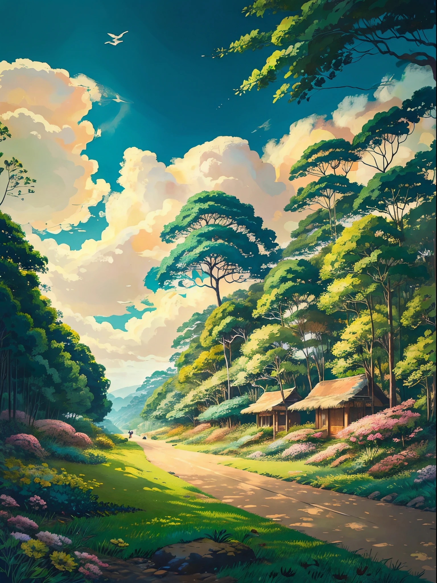 Um emocionante anime retrô inspirado em uma bela floresta tropical, campo de arroz à distância e coqueiro, estilo do Studio Ghibli e Hayao Miyazaki, linhas de detalhe