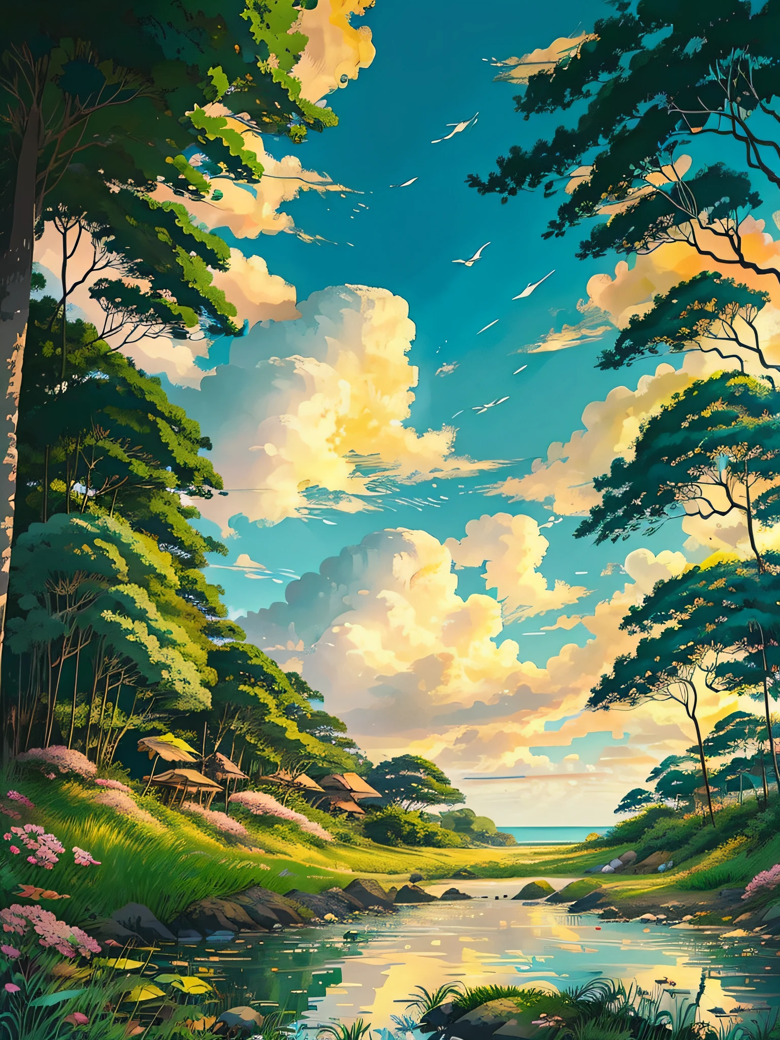 Um emocionante anime retrô inspirado em uma bela floresta tropical, campo de arroz à distância e coqueiro, estilo do Studio Ghibli e Hayao Miyazaki, linhas de detalhe