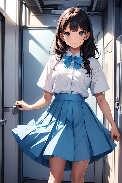 happy woman, age 16, wearing uniform, wearing light blue skirt, long skirt, white shirt, mini bowtie, standing
