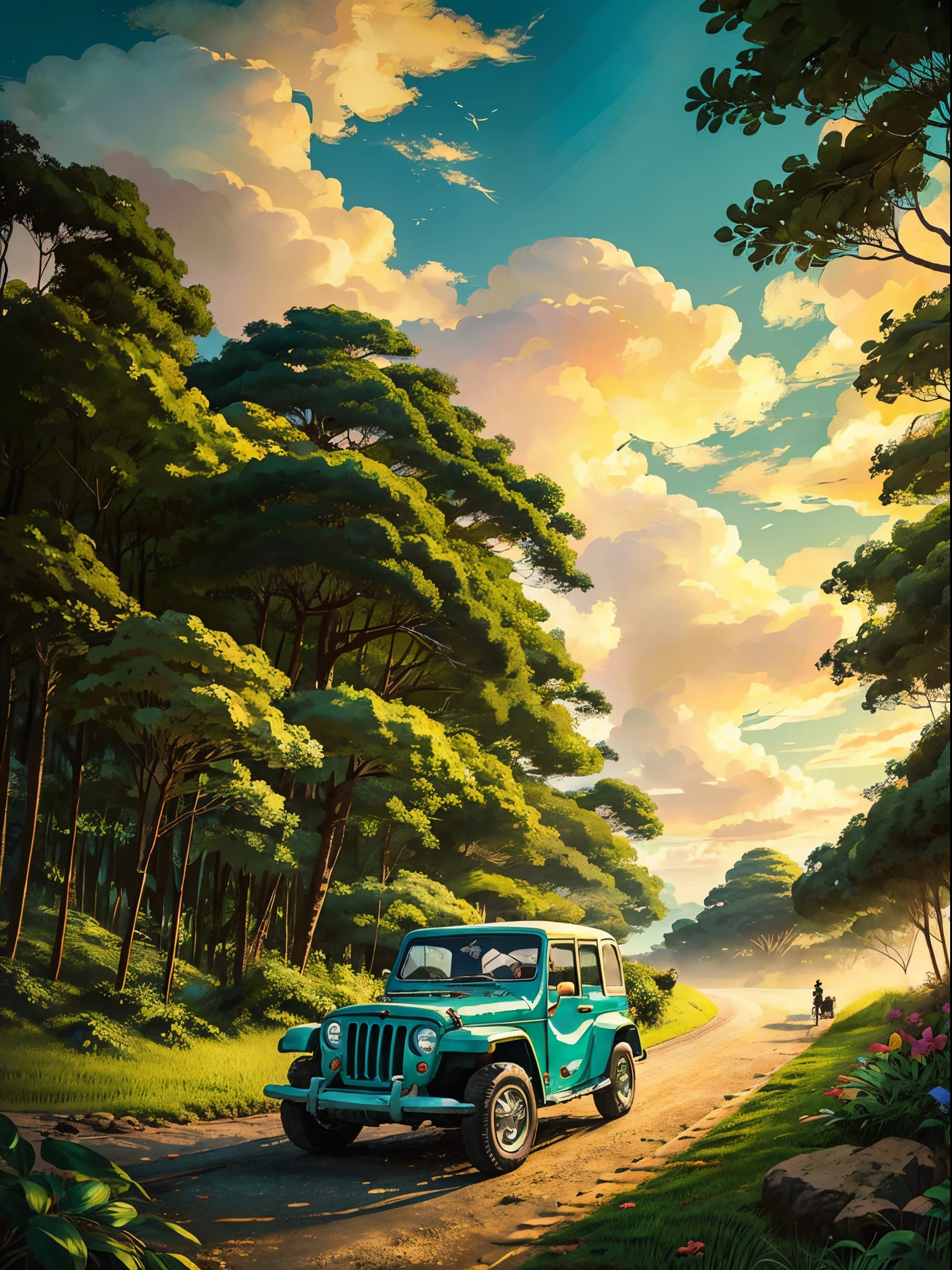 Un anime rétro réconfortant inspiré d&#39;une jeep willys détaillée avec de magnifiques bois de colline tropicale en arrière-plan, distance rizière et cocotier, style du Studio Ghibli et Hayao Miyazaki