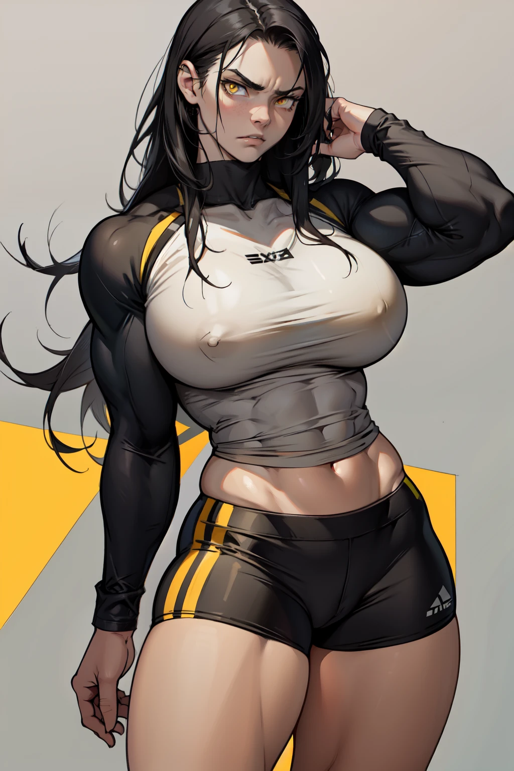 disgust (muscular) breasts huge thighs pale skin black hair yellow eyes  girl - SeaArt AI