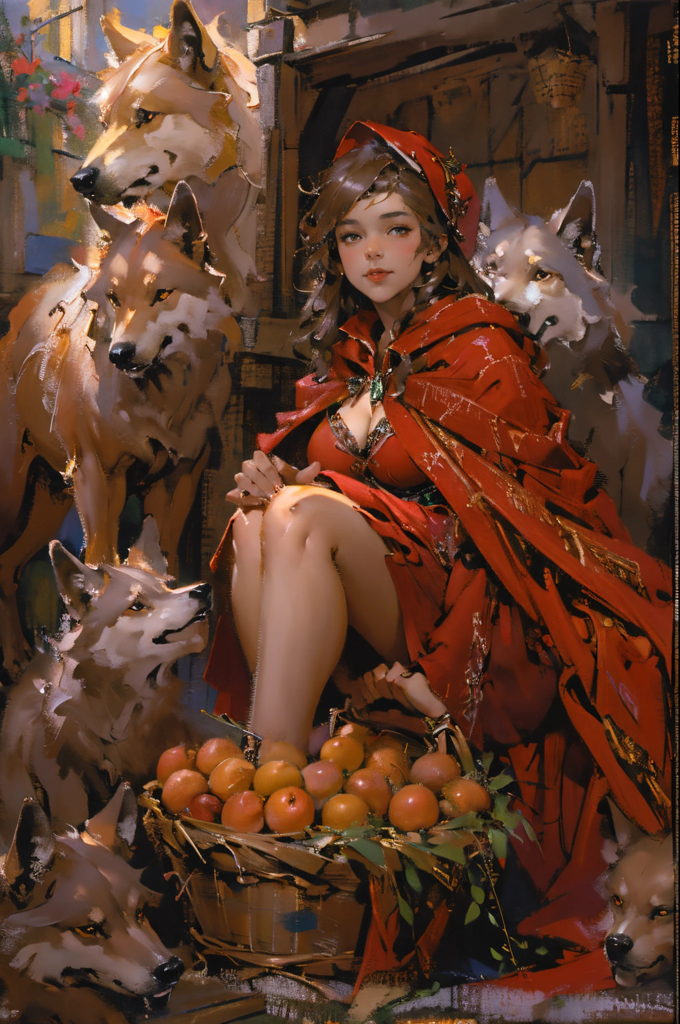 Depicting a girl in red meeting a pack of wolves，Quiet and harmonious atmosphere，Dramatic composition，a warm color palette，Correct anatomy，Detailed face, Detailed eyes，（girl wearing：red capelet，Red hat，laced dress，redhood, capes, Big breasts corset, a skirt, reddress，Carrying a basket of fruits），Background with：exteriors，natural  lightting, Candy   House，a fairy world，((Sexual suggestiveness)),seductiv,(post-Impressionist),,(Fechin Oil Painting - Fechin Oil Painting , oil painted), 02