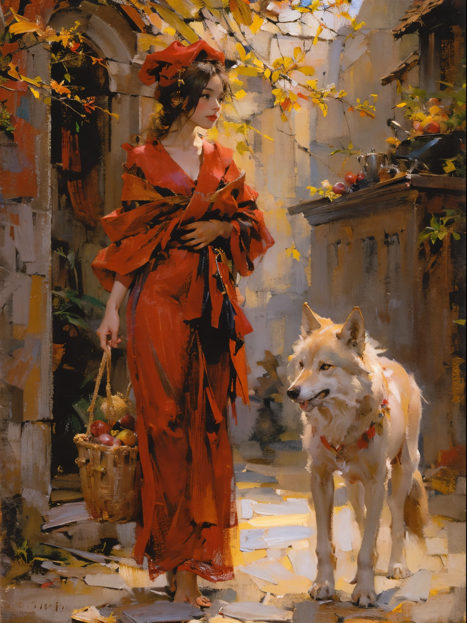Depicting the girl in red meeting the wolves，Quiet and harmonious atmosphere，Dramatic composition，Warm color palette，Correct anatomy，Detailed face, Detailed eyes，（Girls wear：red shawl，Red Hat，laced dress，Red Hat, cloaks, big bust bra, a skirt, Red dress，Carrying a basket of fruit），Background with：allure，natural  lightting, Candy   House，a fairy world，((Sexual suggestiveness)),Attractions,(post impressionist),rich colours,(Fechin Oil Painting - Fechin Oil Painting , oil painted), 04