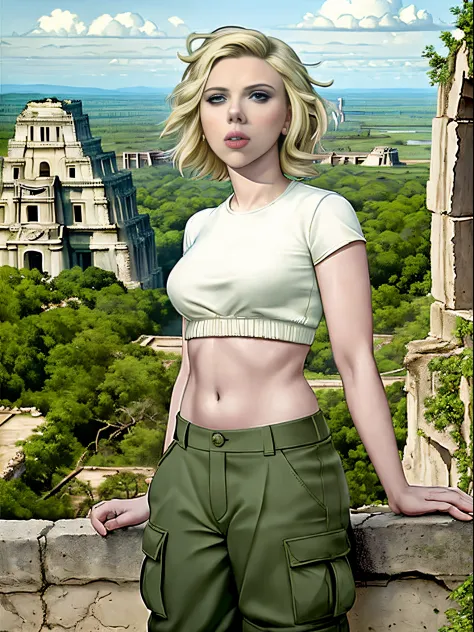 Scarlett Johansson, masterpiece quality, (masterpiece quality:1.9), realistic, solo, one girl, the wearing cargo pants, wearing ...
