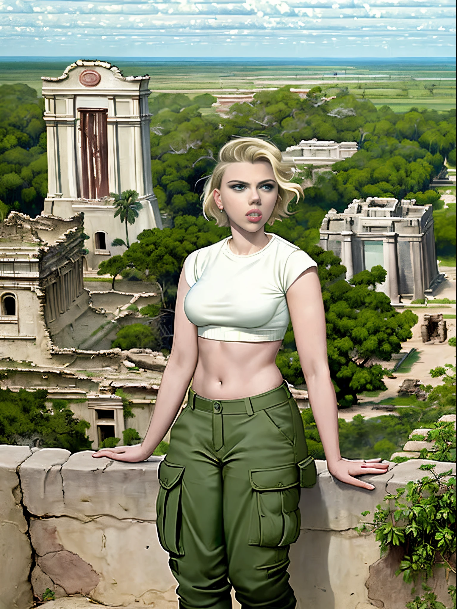 Scarlett Johansson, masterpiece quality, (masterpiece quality:1.9), realistic, solo, one girl, the wearing cargo pants, wearing white crop top, short haircut, Mayan ruins in background, jungle in background,