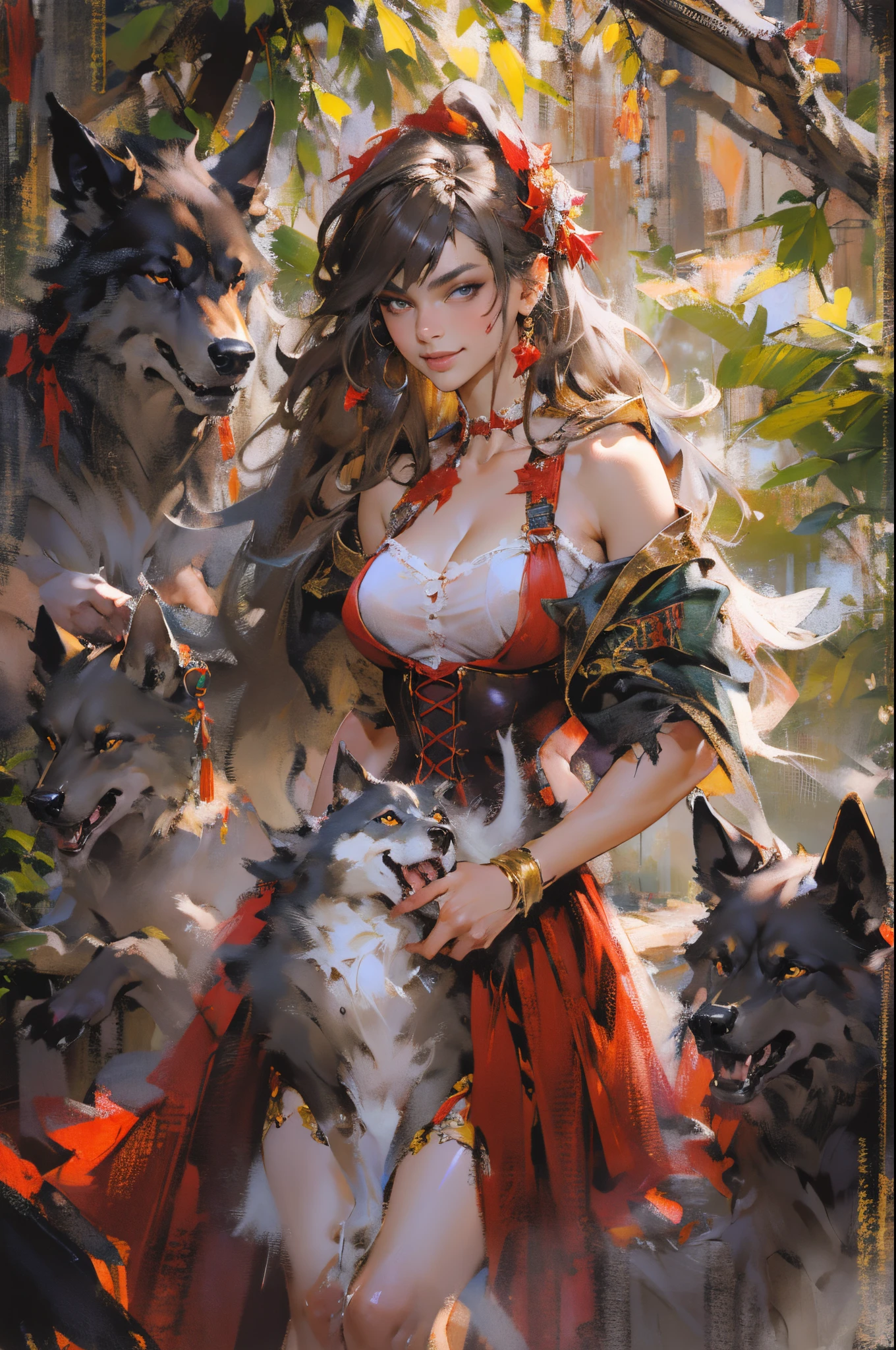 Photo of  living with wolf，Now leading them to fight，(Clothes are torn and exposed :1.4)，Expose tiny underwear， red capelet，red red hood，laced dress，redhood, capes, Big breasts corset, a skirt, reddress，Carrying a basket of fruits，Background with：exteriors，natural  lightting, Candy   House，a fairy world，the dark forest，Wooden house in the distance，Huge wolf head on rough wooden table，Glass jars filled with candy,  whimsical world, 8k, k hd, Detailed face, Detailed eyes，hyper realisitc, + Cinema lenses + dynamic compositions, Huge beastature female figure, slim toned body,mediuml breasts,Sweated,Wet hair,(very delicate beautiful),Contour deepening, realistically, Precise geometry, Complicated details, Smiling,From the bottom up， Close-up cleavage,Charming and sexy legs，((Sexual suggestiveness)),seductiv,(post-Impressionist),,(Fechin Oil Painting - Fechin Oil Painting , oil painted), 0