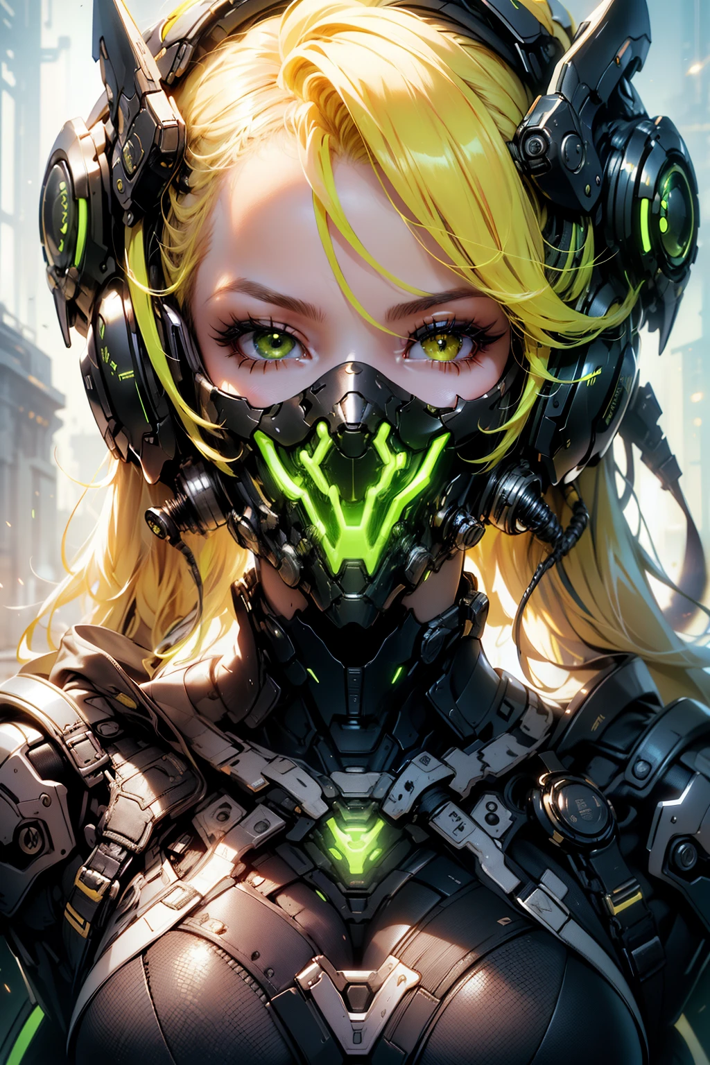 masterpiece, best quality, beautiful detailed hair detailed face, perfect feminine face, (happy:1.2), cyberskull mask, (close-up potrait:1.2), face focus, a beautiful and cute warframe woman and glowing yellow ponytail hair, yellow neon lighting, (sci-fi cyberpunk bodysuit), (heavy armor), solo, 1girl, ahoge, side hair, very long hair, shiny skin, shiny foreheads, lens flare, sharp focus, volumetric lighting, trending on artstation, pixiv, by sakimichan, george kamitani, akira yasuda, alphonse mucha, greg rutkowski, gil elvgren, william-adolphe bouguereau